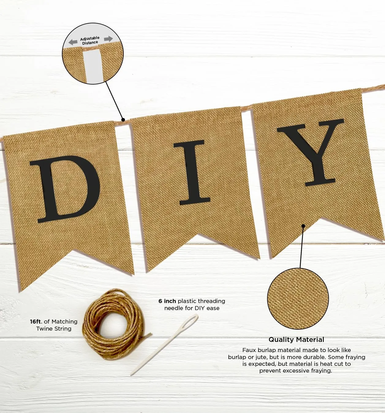 Custom Banner Kit, 97 Burlap Flags, Black Printed Letters Numbers, 120ft Twine String & Needle, DIY Customizable Personalized Banner, Imitation Burlap