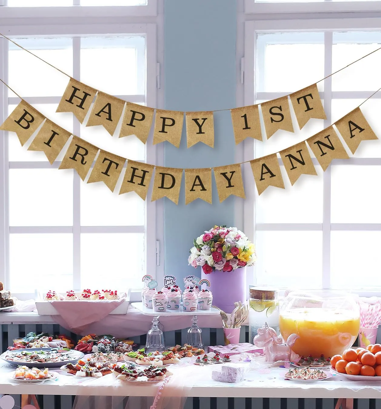 Custom Banner Kit, 97 Burlap Flags, Black Printed Letters Numbers, 120ft Twine String & Needle, DIY Customizable Personalized Banner, Imitation Burlap