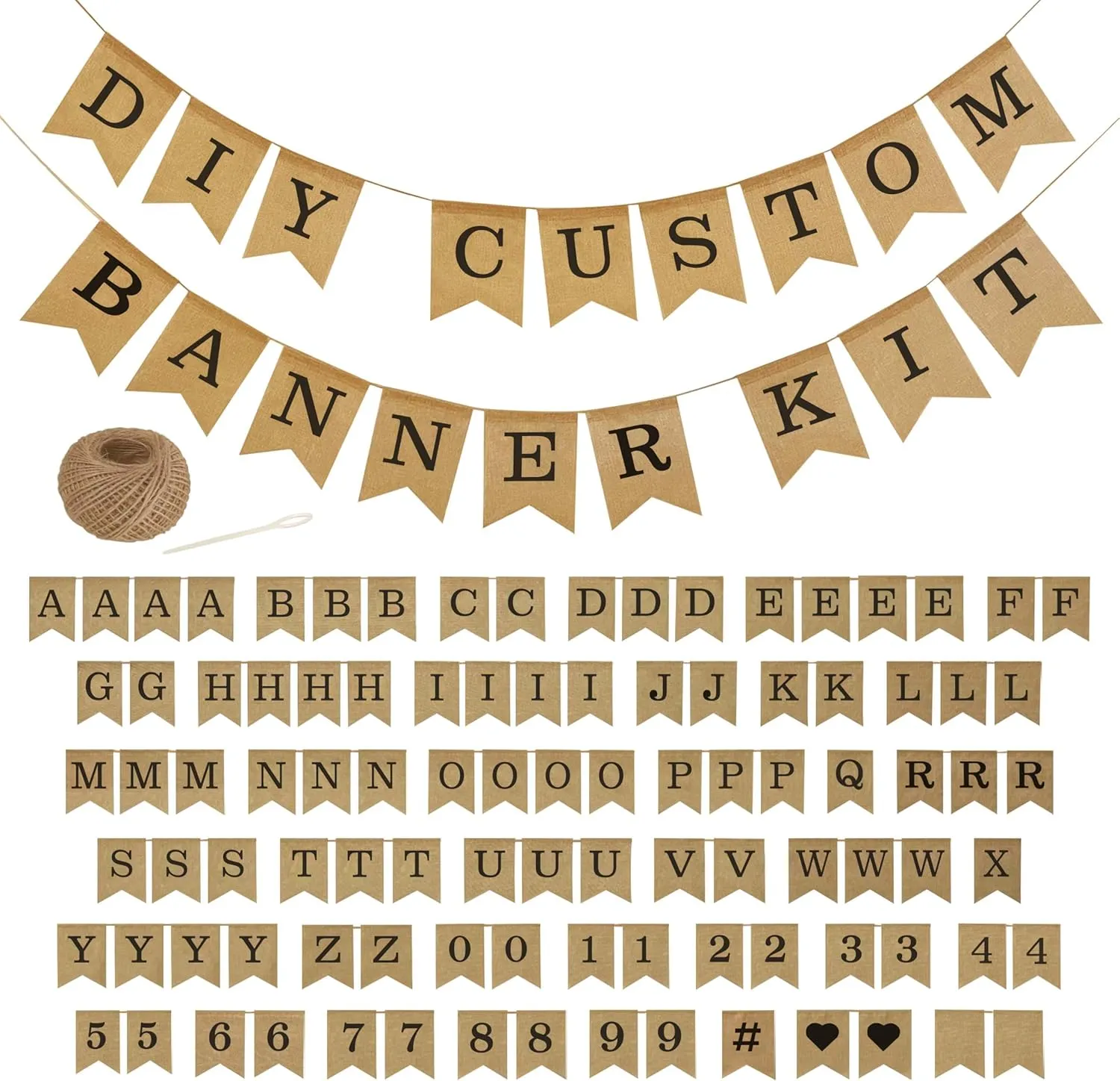 Custom Banner Kit, 97 Burlap Flags, Black Printed Letters Numbers, 120ft Twine String & Needle, DIY Customizable Personalized Banner, Imitation Burlap