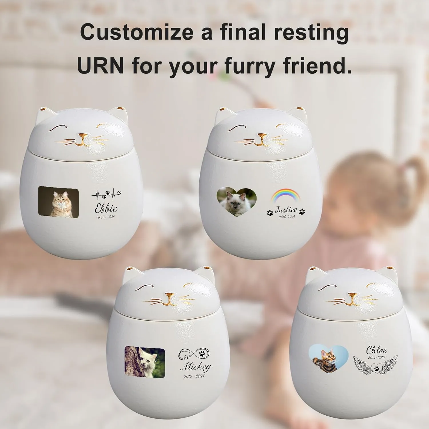 Custom Cat Urn Pet Cremation Urn for Ashes Ceramic Urn Personalized Urn Customizable in Photo and Name Small Memorial Ashes Holder (White)