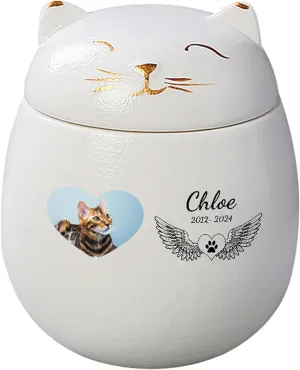Custom Cat Urn Pet Cremation Urn for Ashes Ceramic Urn Personalized Urn Customizable in Photo and Name Small Memorial Ashes Holder (White)