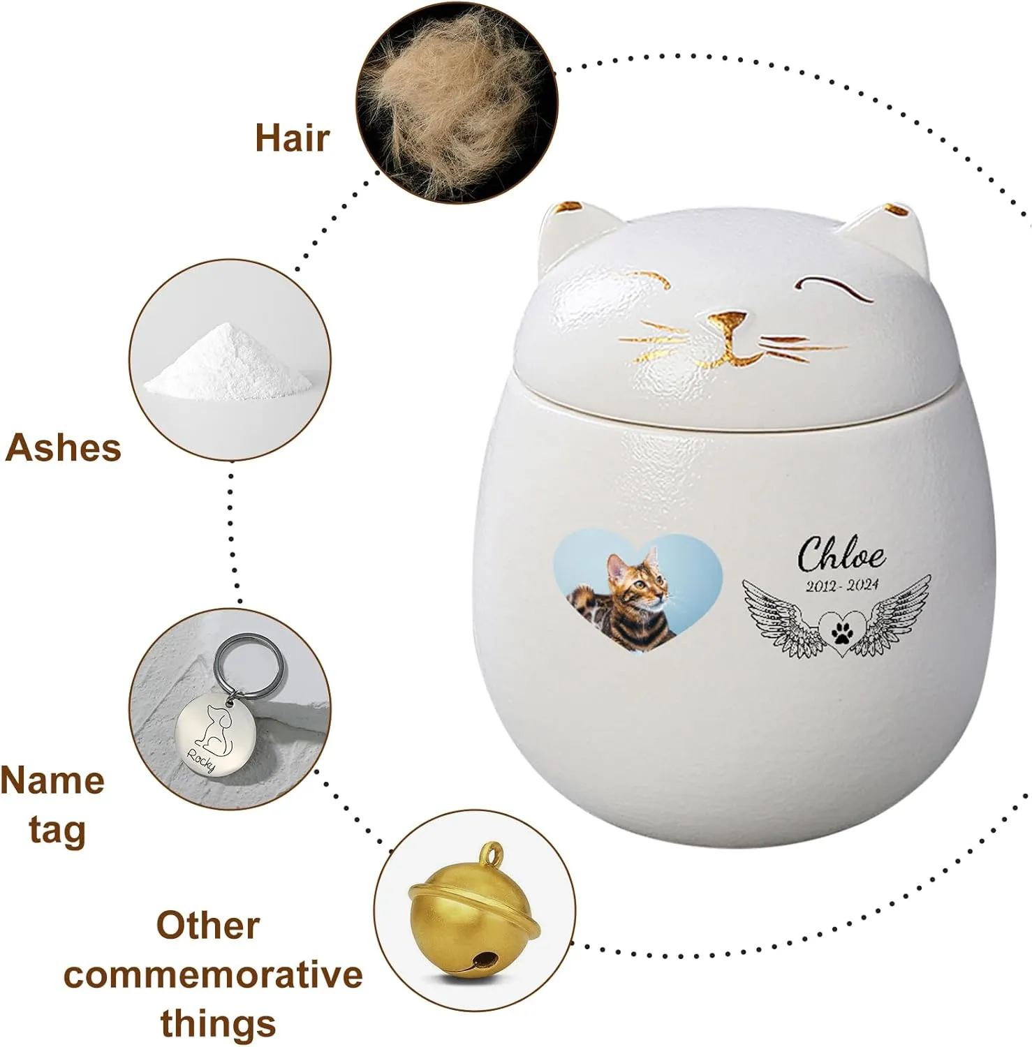 Custom Cat Urn Pet Cremation Urn for Ashes Ceramic Urn Personalized Urn Customizable in Photo and Name Small Memorial Ashes Holder (White)