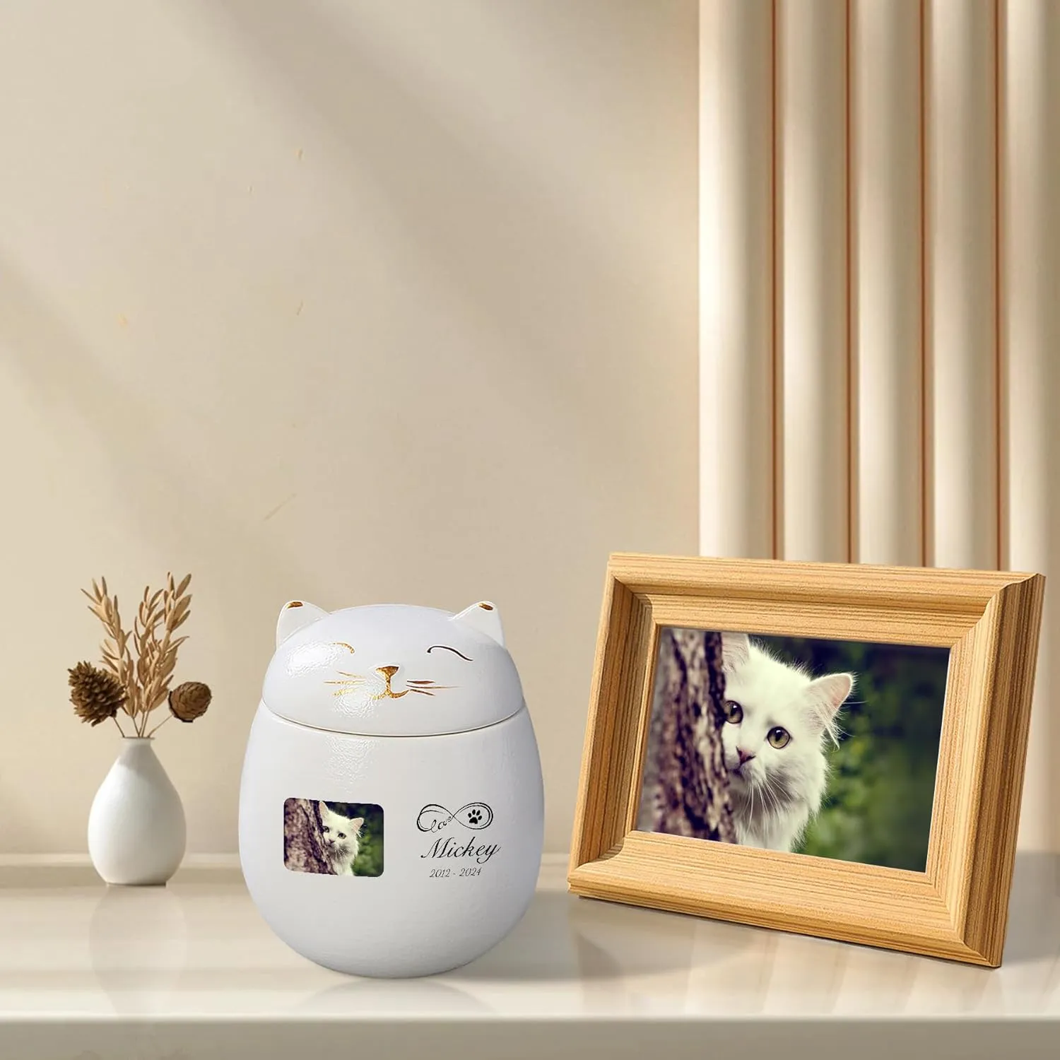 Custom Cat Urn Pet Cremation Urn for Ashes Ceramic Urn Personalized Urn Customizable in Photo and Name Small Memorial Ashes Holder (White)