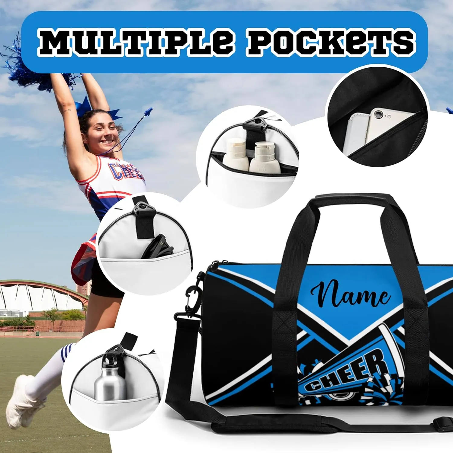 Custom Cheer Bags for Cheerleaders, Personalized Cheerleading Bag with Name Sports Duffle Bag Gym Travel Perform Training Bag (Blue)