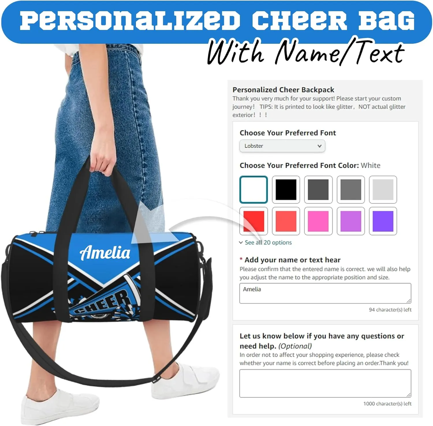 Custom Cheer Bags for Cheerleaders, Personalized Cheerleading Bag with Name Sports Duffle Bag Gym Travel Perform Training Bag (Blue)
