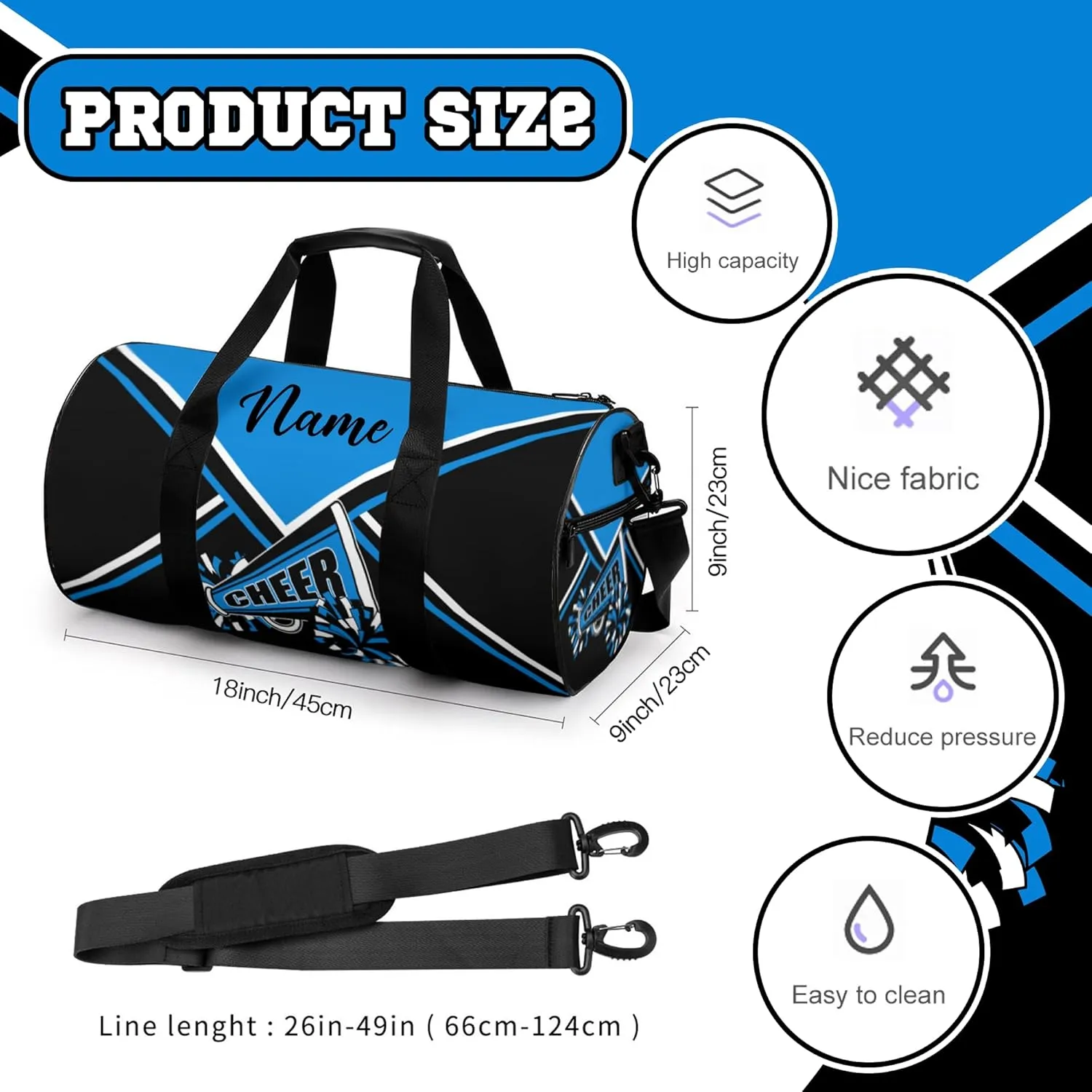 Custom Cheer Bags for Cheerleaders, Personalized Cheerleading Bag with Name Sports Duffle Bag Gym Travel Perform Training Bag (Blue)