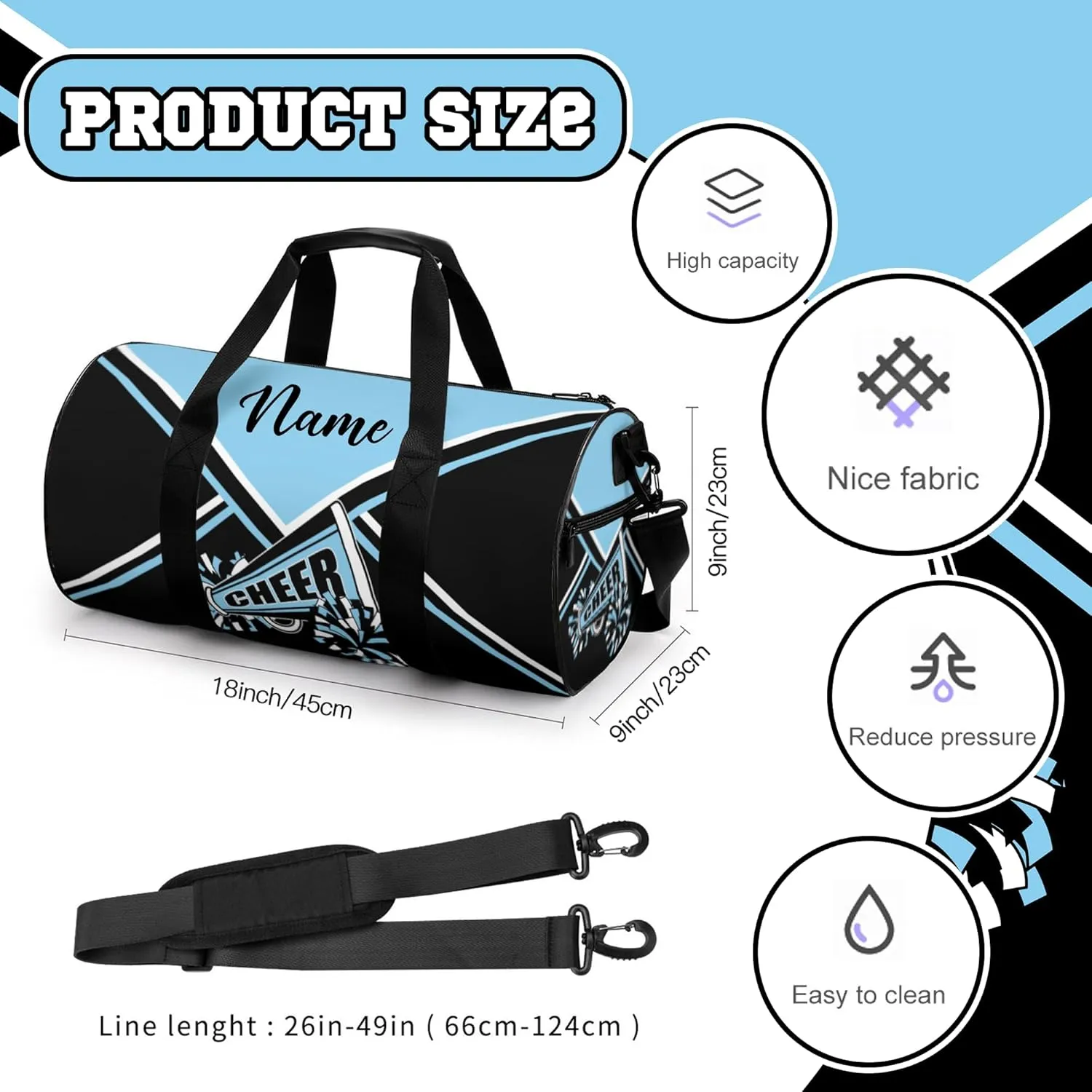 Custom Cheer Bags for Cheerleaders, Personalized Cheerleading Duffel Bag with Name, Baby Blue, 17.6 x 9 x 9 inches