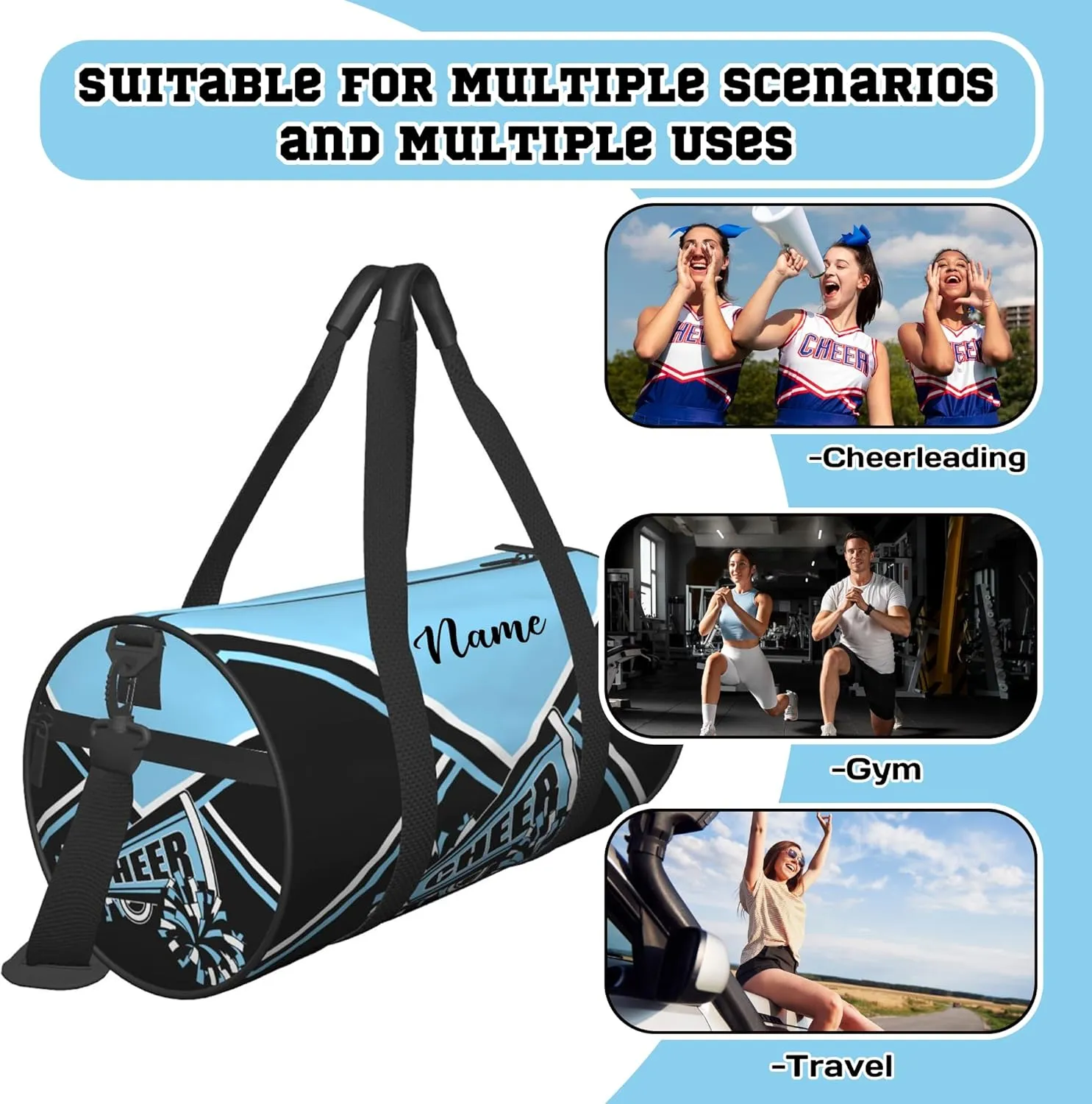 Custom Cheer Bags for Cheerleaders, Personalized Cheerleading Duffel Bag with Name, Baby Blue, 17.6 x 9 x 9 inches