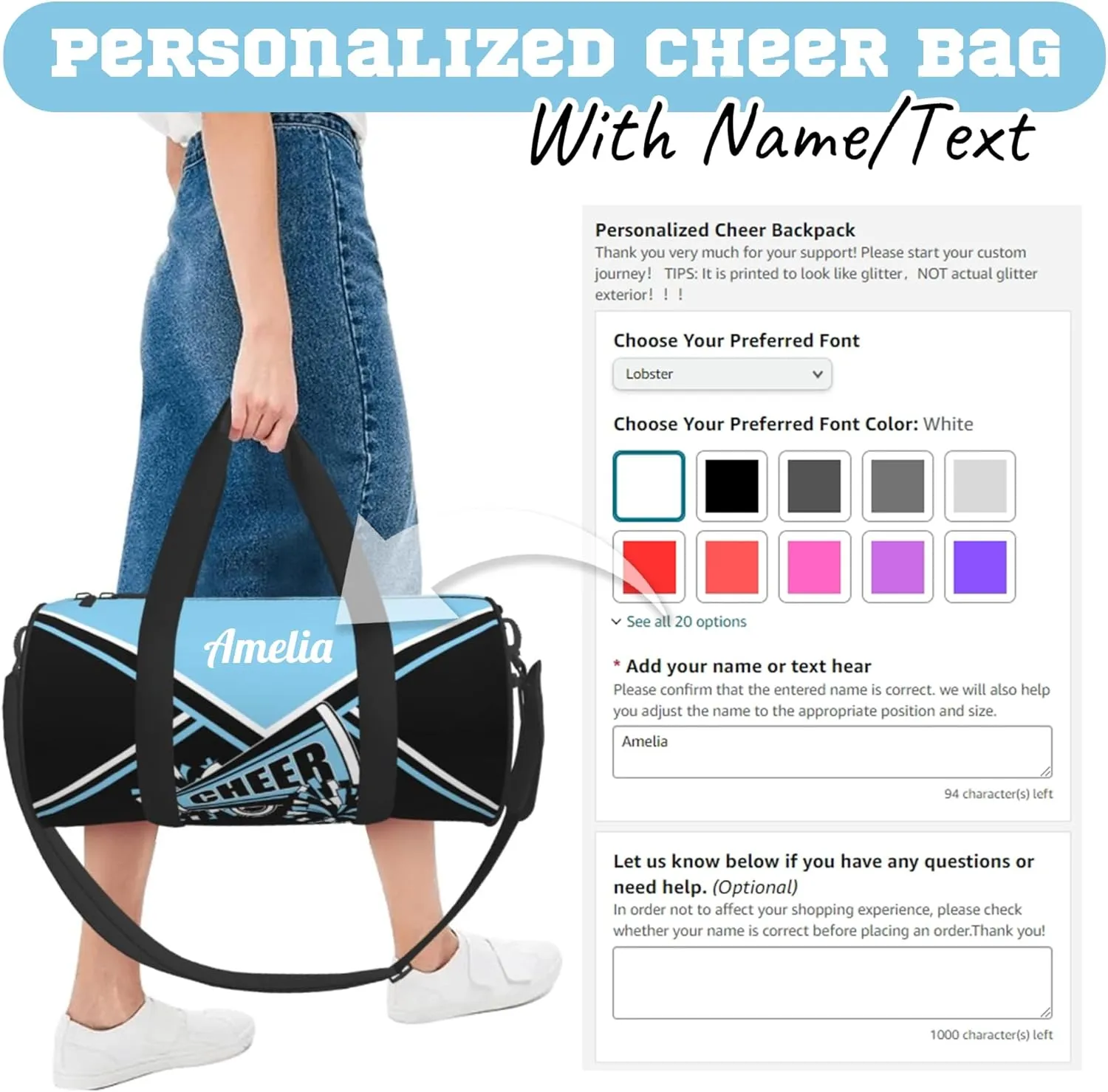 Custom Cheer Bags for Cheerleaders, Personalized Cheerleading Duffel Bag with Name, Baby Blue, 17.6 x 9 x 9 inches