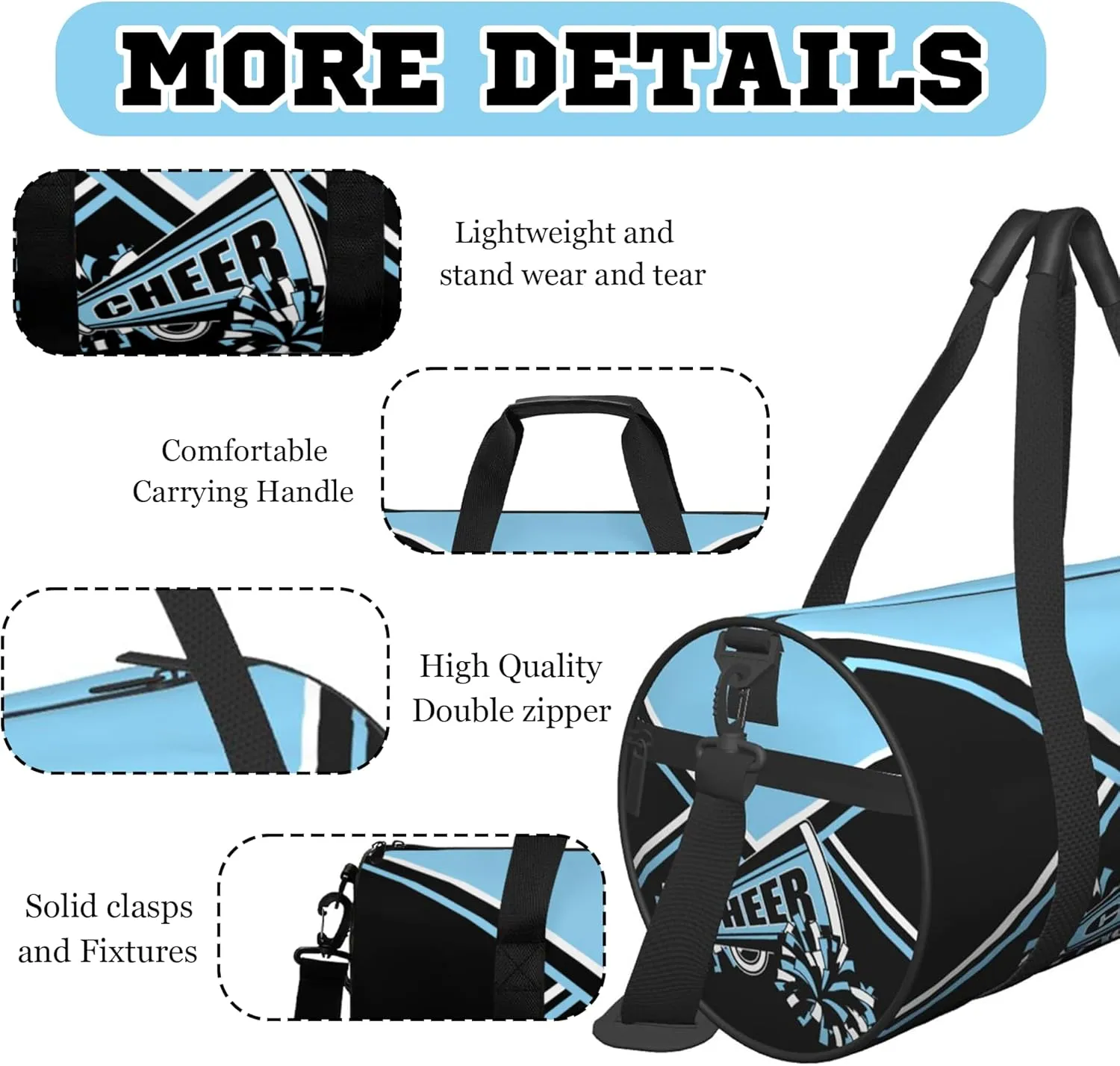 Custom Cheer Bags for Cheerleaders, Personalized Cheerleading Duffel Bag with Name, Baby Blue, 17.6 x 9 x 9 inches