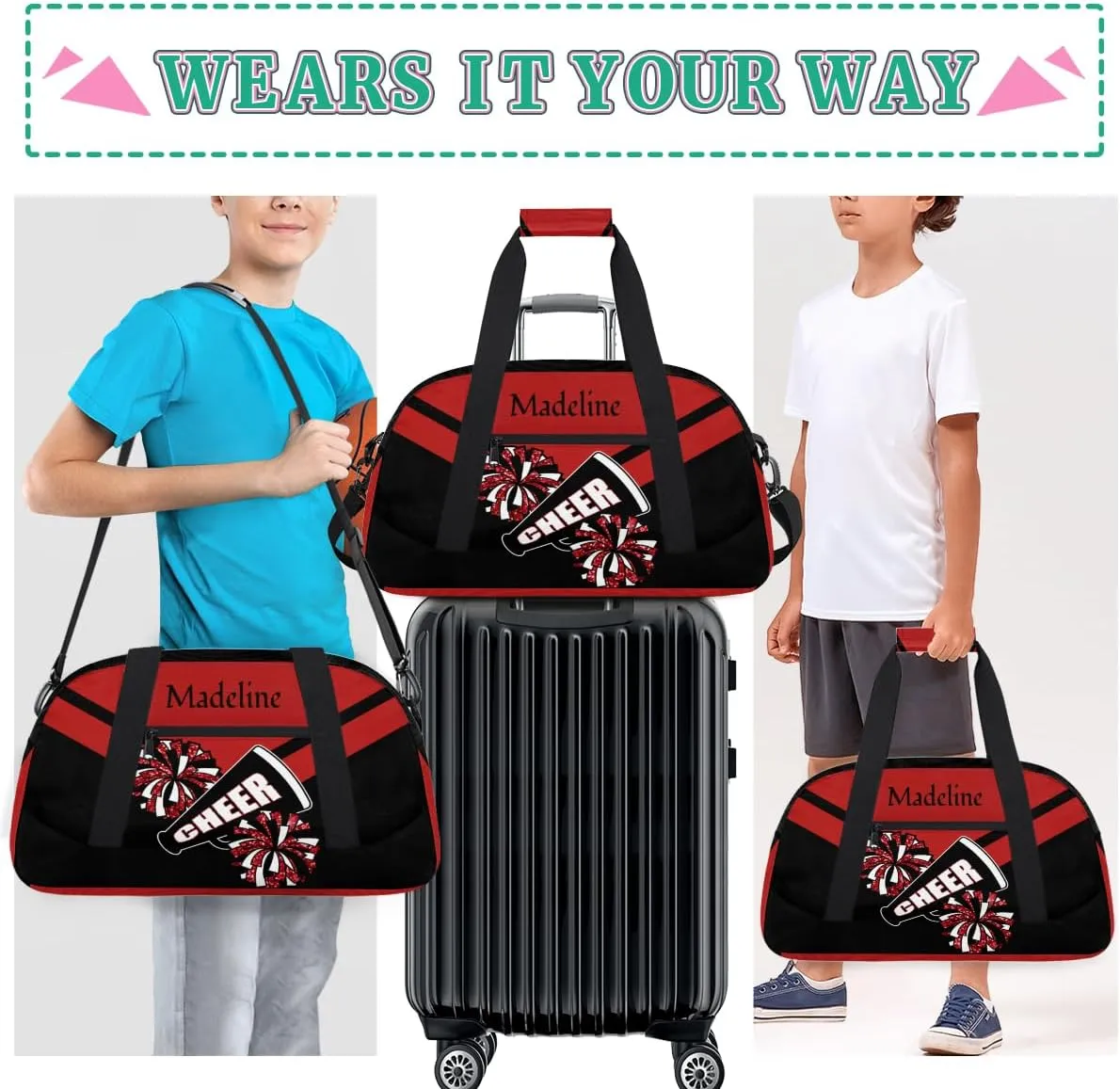 Custom Cheerleader Bag for Cheering Squad, Personalized Ballet Dance Bag Overnight Duffel Bag Gymnastics Swimming Sports Bag, Red and Black