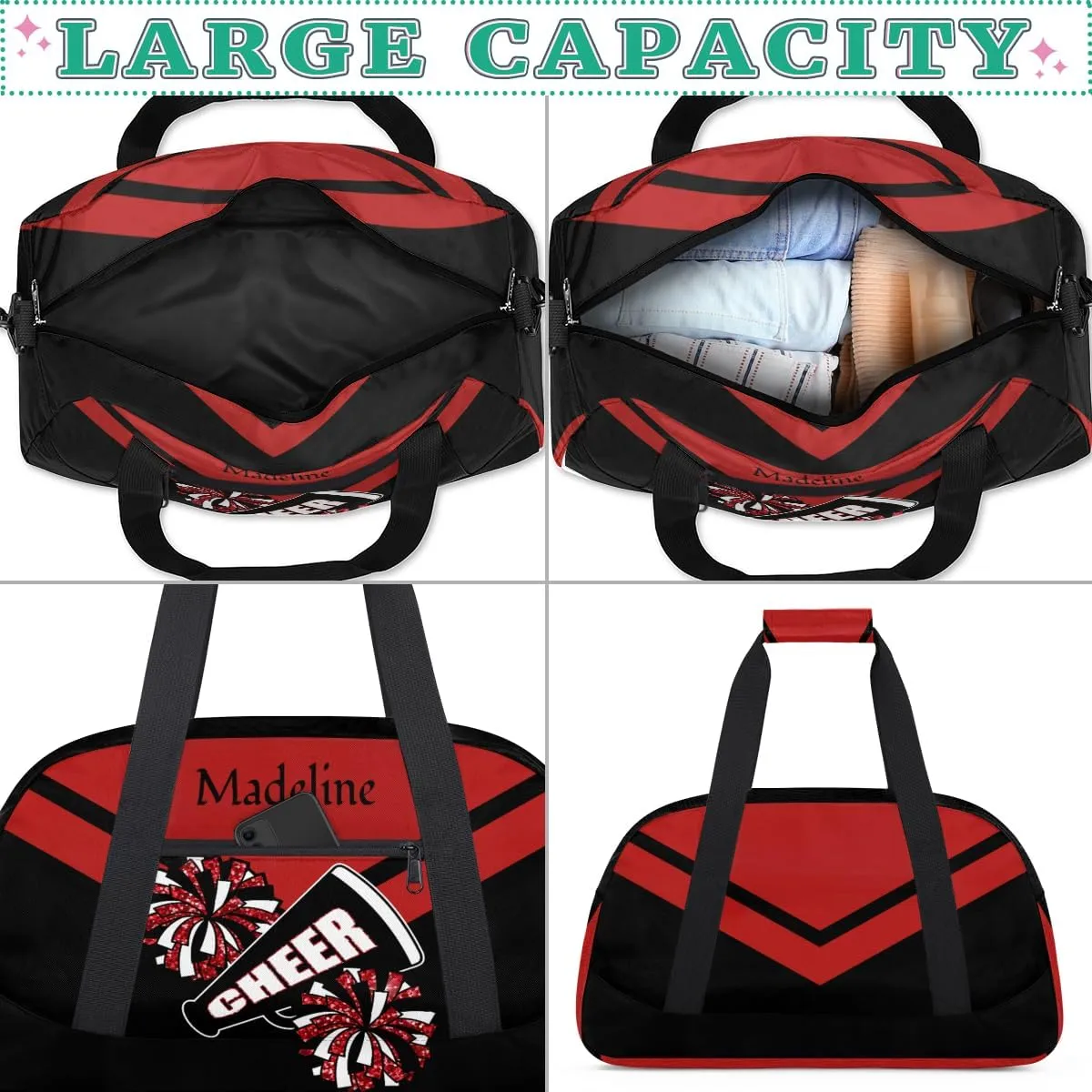 Custom Cheerleader Bag for Cheering Squad, Personalized Ballet Dance Bag Overnight Duffel Bag Gymnastics Swimming Sports Bag, Red and Black