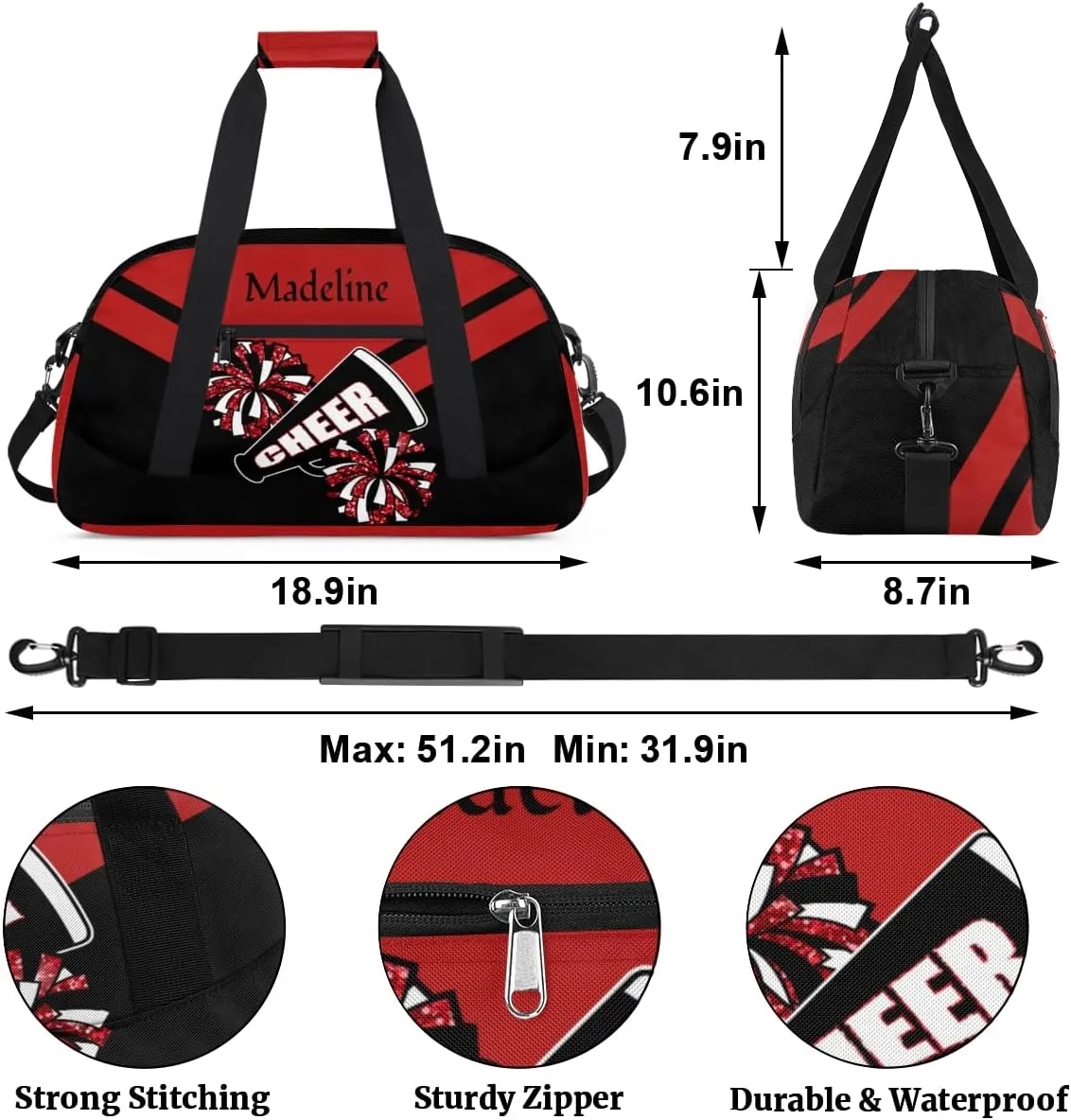 Custom Cheerleader Bag for Cheering Squad, Personalized Ballet Dance Bag Overnight Duffel Bag Gymnastics Swimming Sports Bag, Red and Black