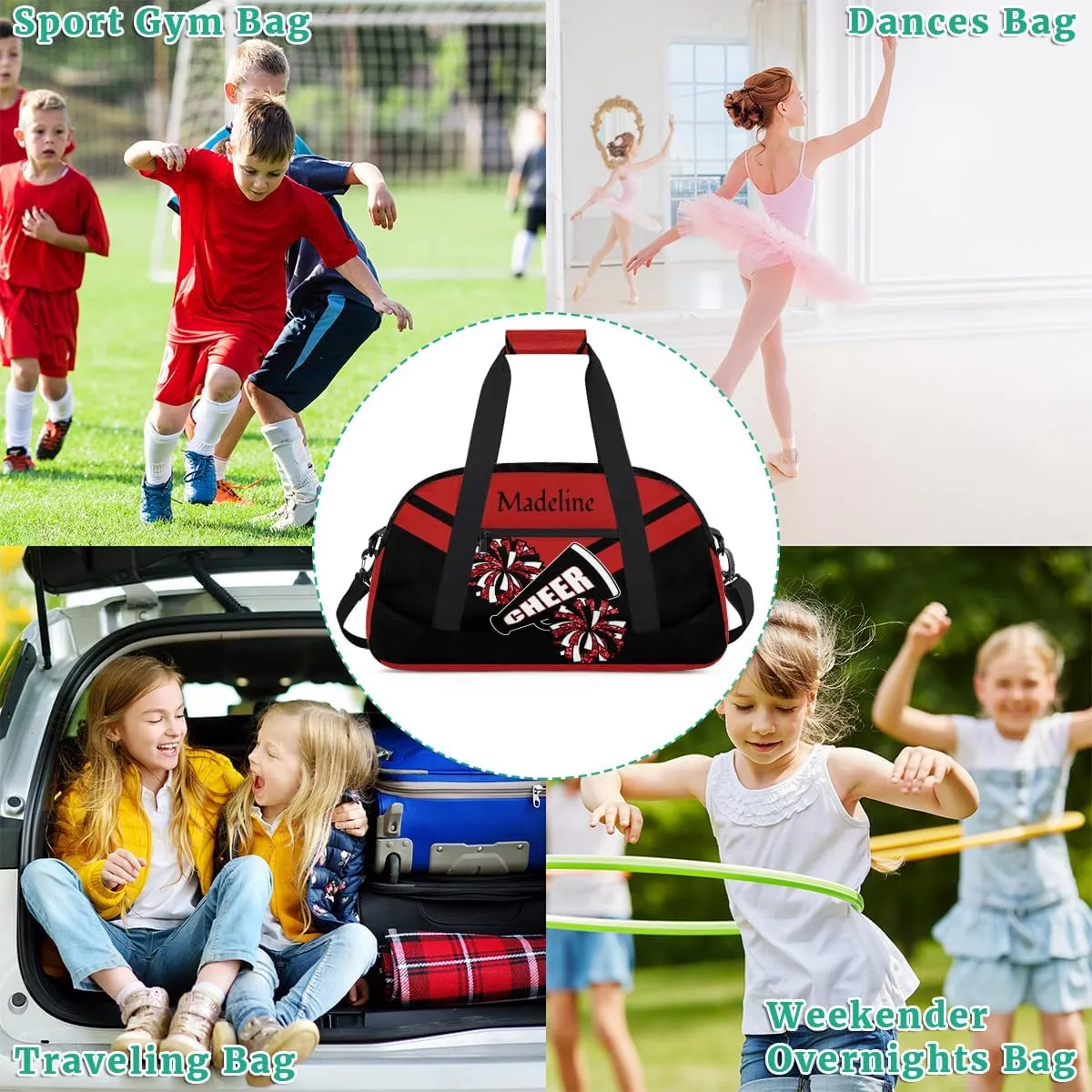 Custom Cheerleader Bag for Cheering Squad, Personalized Ballet Dance Bag Overnight Duffel Bag Gymnastics Swimming Sports Bag, Red and Black