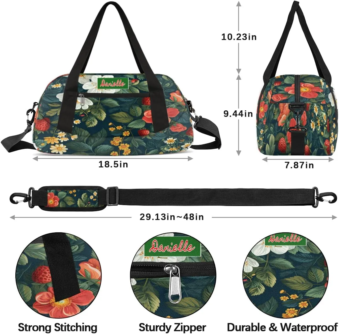 Custom Cheerleaders Bag for Kids, Personalized Sports Gym Bag for Teens Boys Girls Waterproof Weekender Carry Practice Travel Dancing Bag, Little Floral with Starwberry Dark Green Leaves Plants
