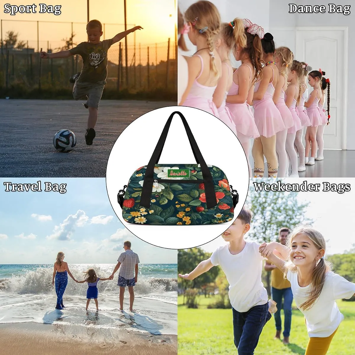Custom Cheerleaders Bag for Kids, Personalized Sports Gym Bag for Teens Boys Girls Waterproof Weekender Carry Practice Travel Dancing Bag, Little Floral with Starwberry Dark Green Leaves Plants