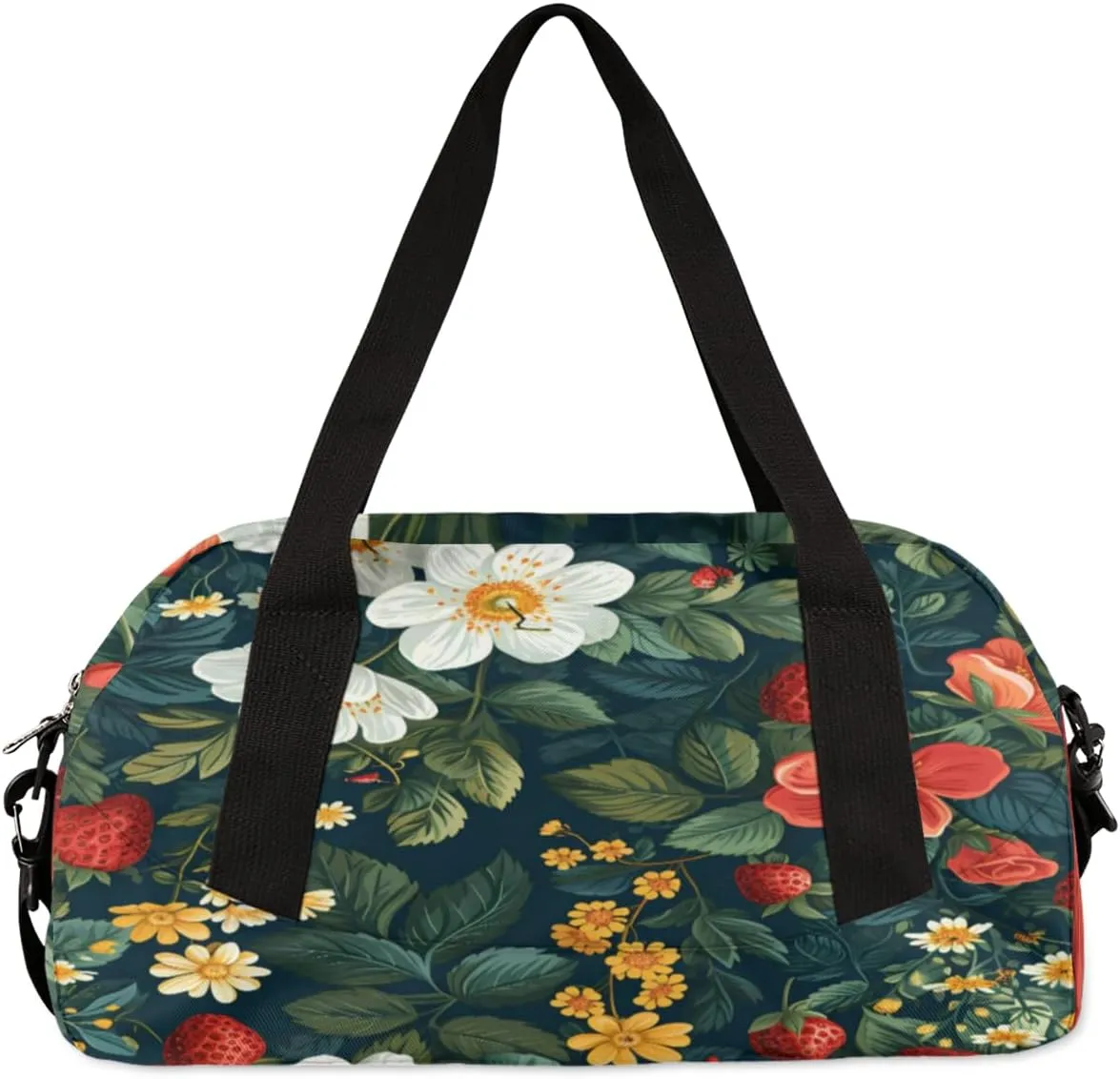 Custom Cheerleaders Bag for Kids, Personalized Sports Gym Bag for Teens Boys Girls Waterproof Weekender Carry Practice Travel Dancing Bag, Little Floral with Starwberry Dark Green Leaves Plants