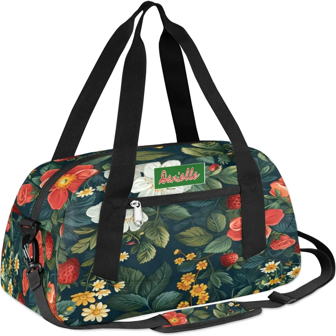 Custom Cheerleaders Bag for Kids, Personalized Sports Gym Bag for Teens Boys Girls Waterproof Weekender Carry Practice Travel Dancing Bag, Little Floral with Starwberry Dark Green Leaves Plants