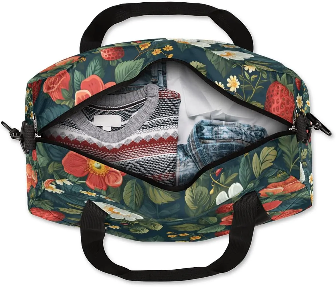Custom Cheerleaders Bag for Kids, Personalized Sports Gym Bag for Teens Boys Girls Waterproof Weekender Carry Practice Travel Dancing Bag, Little Floral with Starwberry Dark Green Leaves Plants