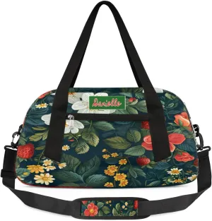 Custom Cheerleaders Bag for Kids, Personalized Sports Gym Bag for Teens Boys Girls Waterproof Weekender Carry Practice Travel Dancing Bag, Little Floral with Starwberry Dark Green Leaves Plants