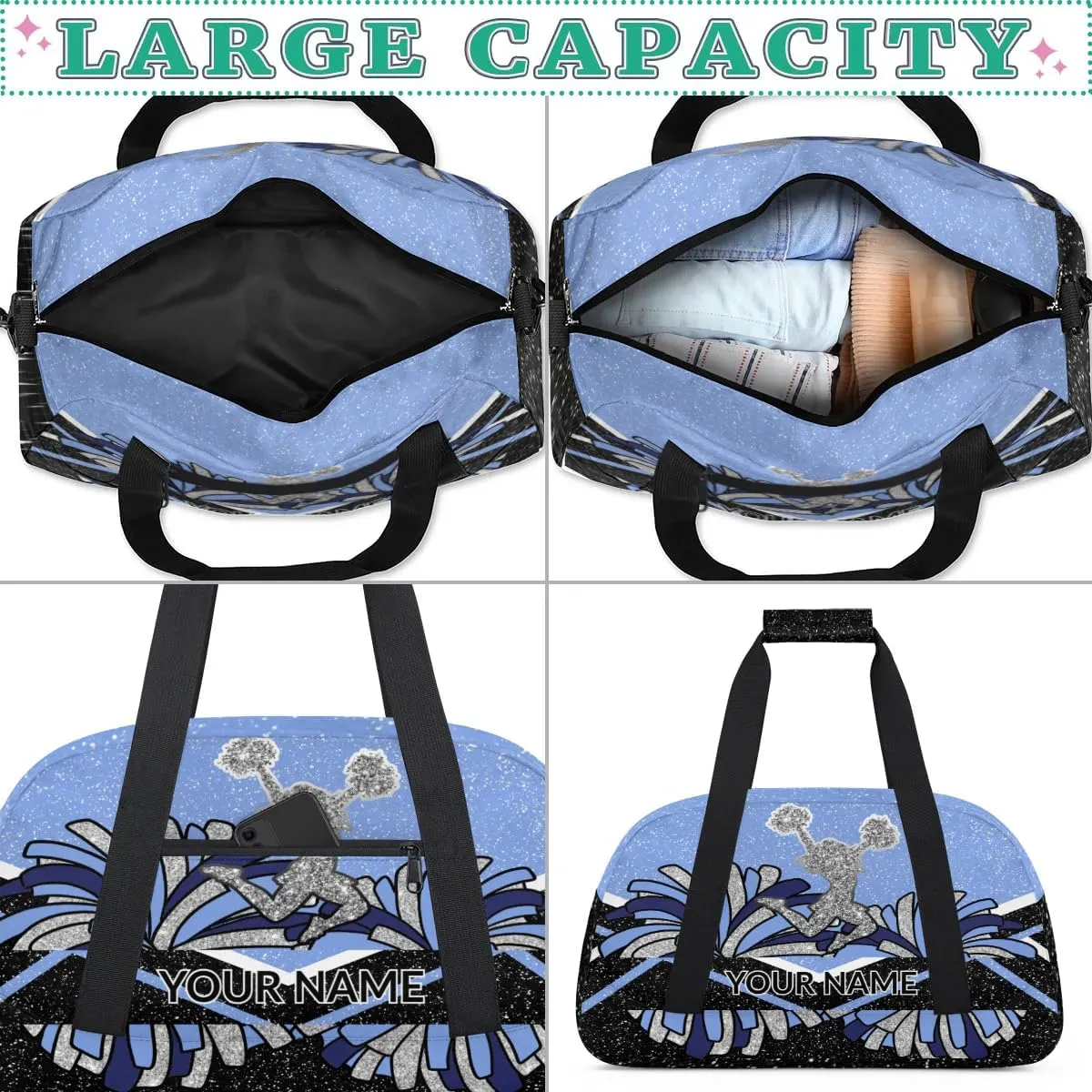 Custom Cheerleading Bag, Personalized Cheer Gym Bag with Name, Weekender Travel Overnight Bag for Women Black Blue
