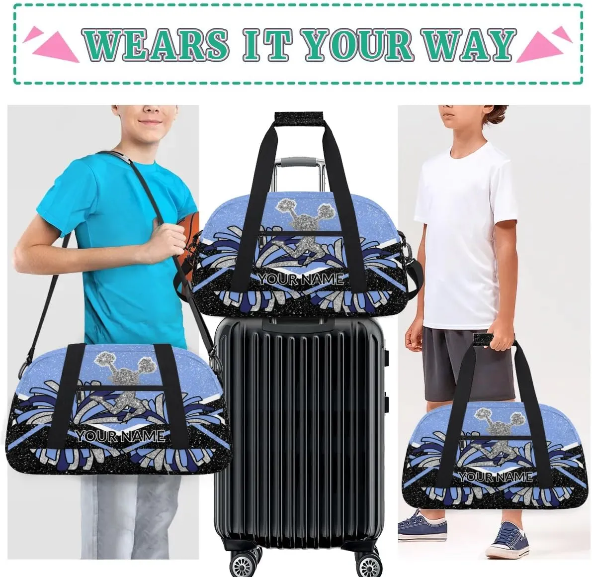 Custom Cheerleading Bag, Personalized Cheer Gym Bag with Name, Weekender Travel Overnight Bag for Women Black Blue