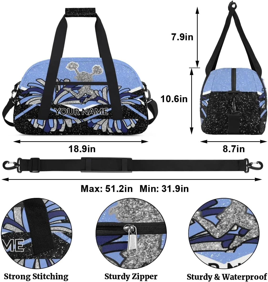 Custom Cheerleading Bag, Personalized Cheer Gym Bag with Name, Weekender Travel Overnight Bag for Women Black Blue