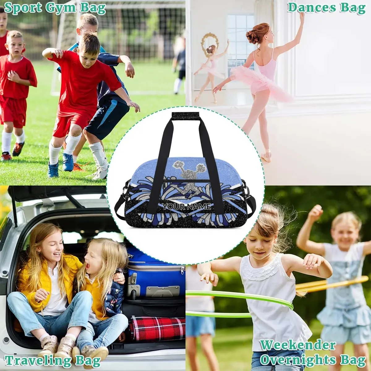 Custom Cheerleading Bag, Personalized Cheer Gym Bag with Name, Weekender Travel Overnight Bag for Women Black Blue