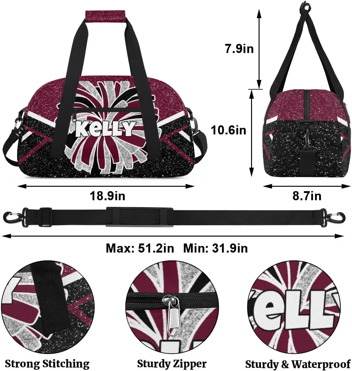 Custom Cheerleading Bag, Personalized Cheer Gym Bag with Name, Weekender Travel Overnight Bag for Women Maroon Black