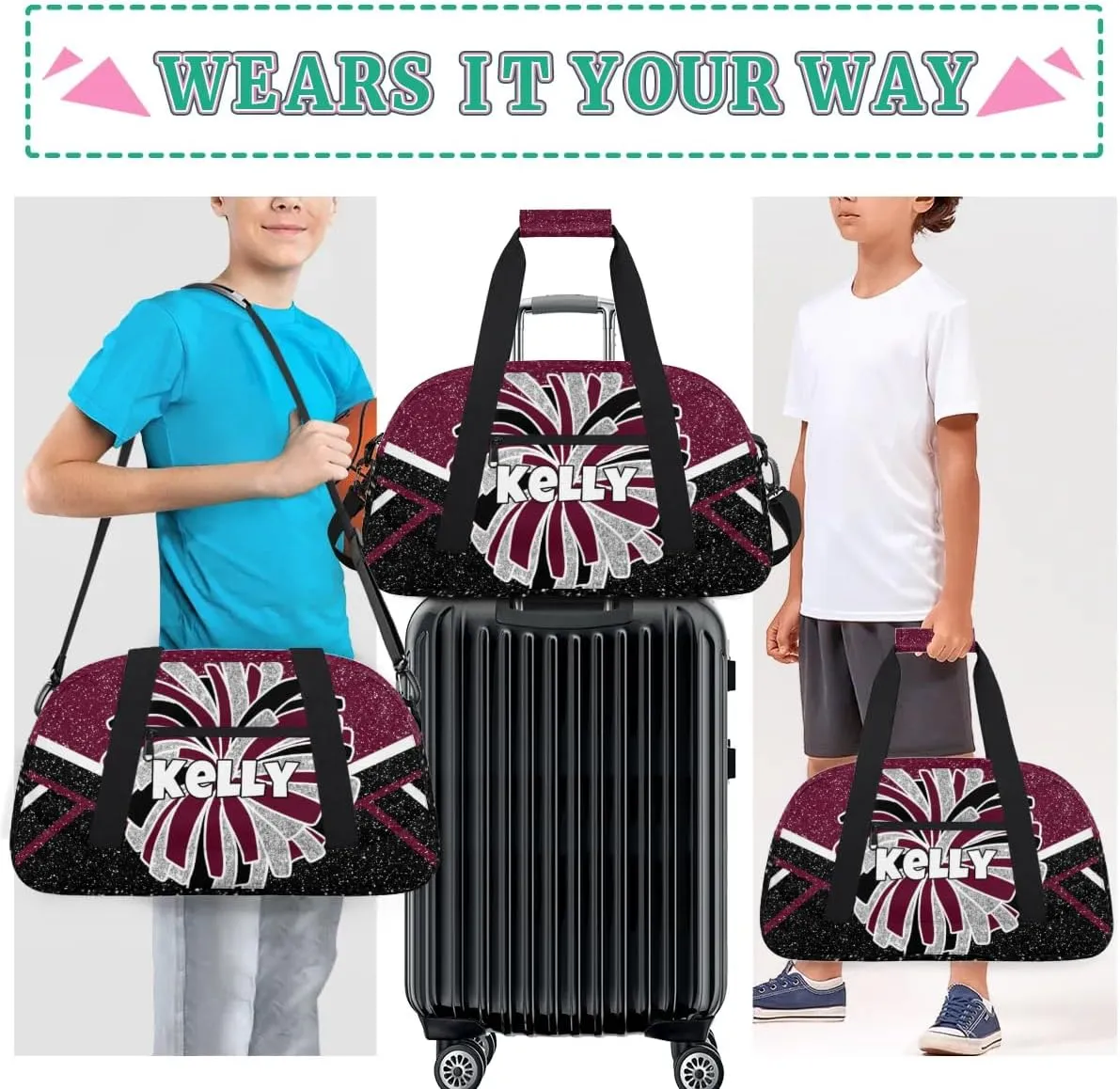 Custom Cheerleading Bag, Personalized Cheer Gym Bag with Name, Weekender Travel Overnight Bag for Women Maroon Black