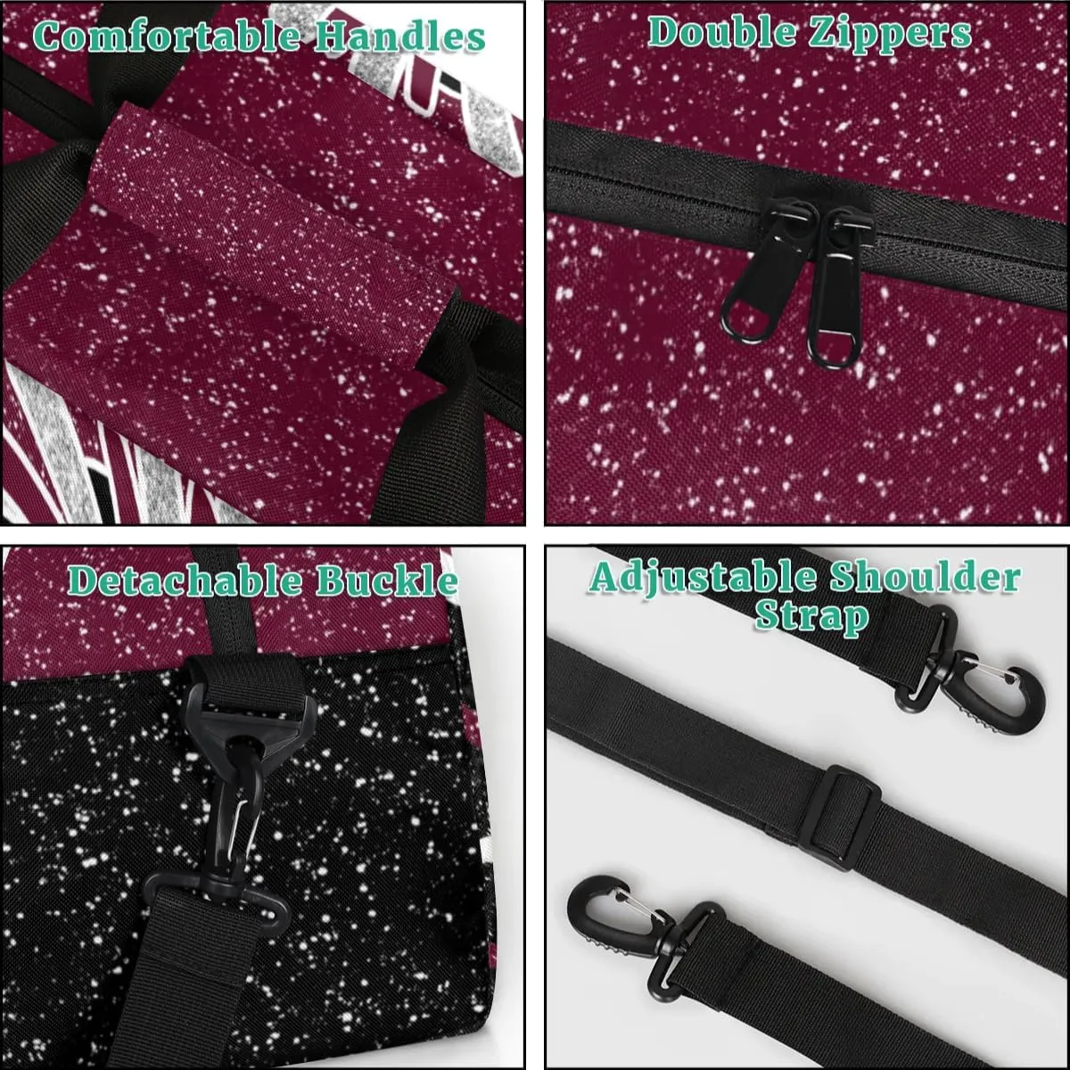 Custom Cheerleading Bag, Personalized Cheer Gym Bag with Name, Weekender Travel Overnight Bag for Women Maroon Black