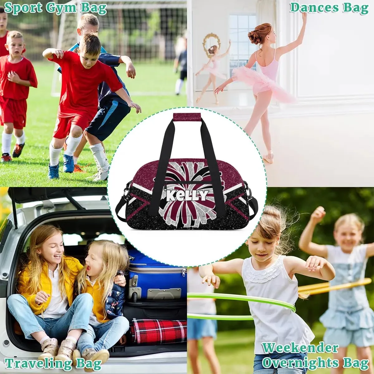 Custom Cheerleading Bag, Personalized Cheer Gym Bag with Name, Weekender Travel Overnight Bag for Women Maroon Black