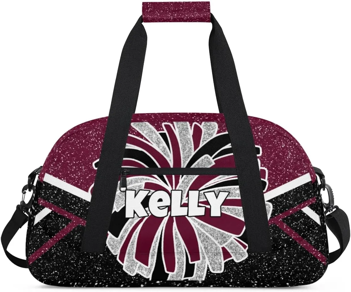 Custom Cheerleading Bag, Personalized Cheer Gym Bag with Name, Weekender Travel Overnight Bag for Women Maroon Black
