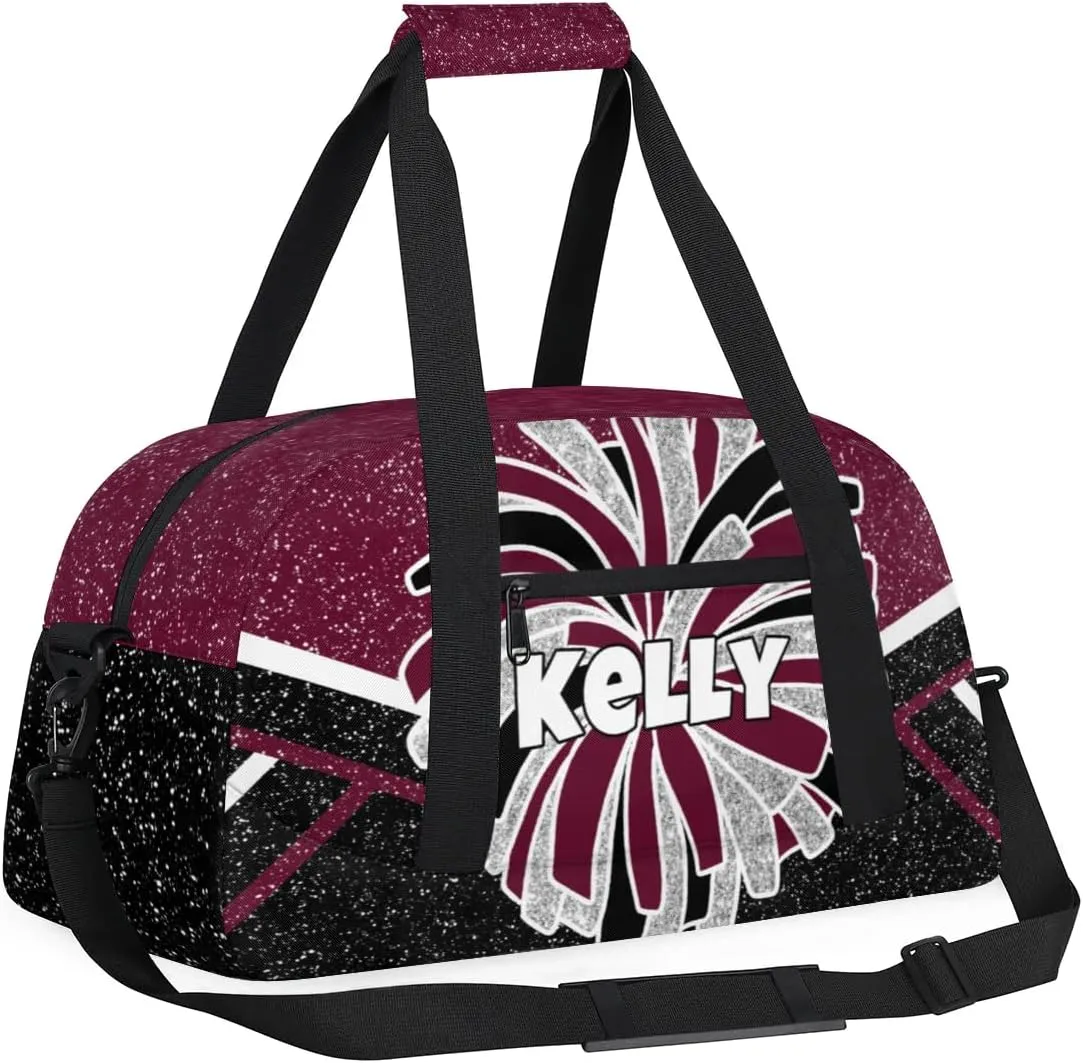 Custom Cheerleading Bag, Personalized Cheer Gym Bag with Name, Weekender Travel Overnight Bag for Women Maroon Black