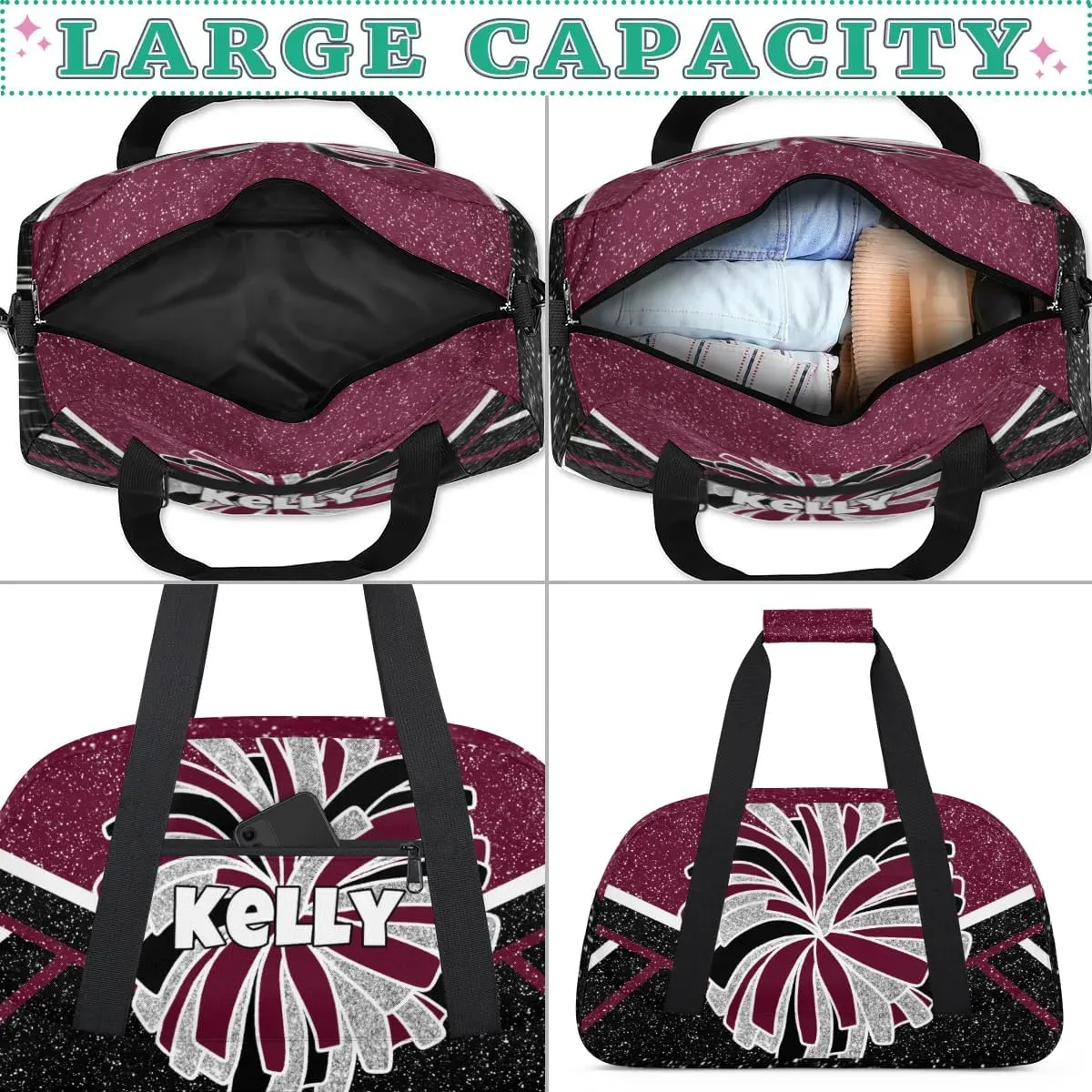 Custom Cheerleading Bag, Personalized Cheer Gym Bag with Name, Weekender Travel Overnight Bag for Women Maroon Black