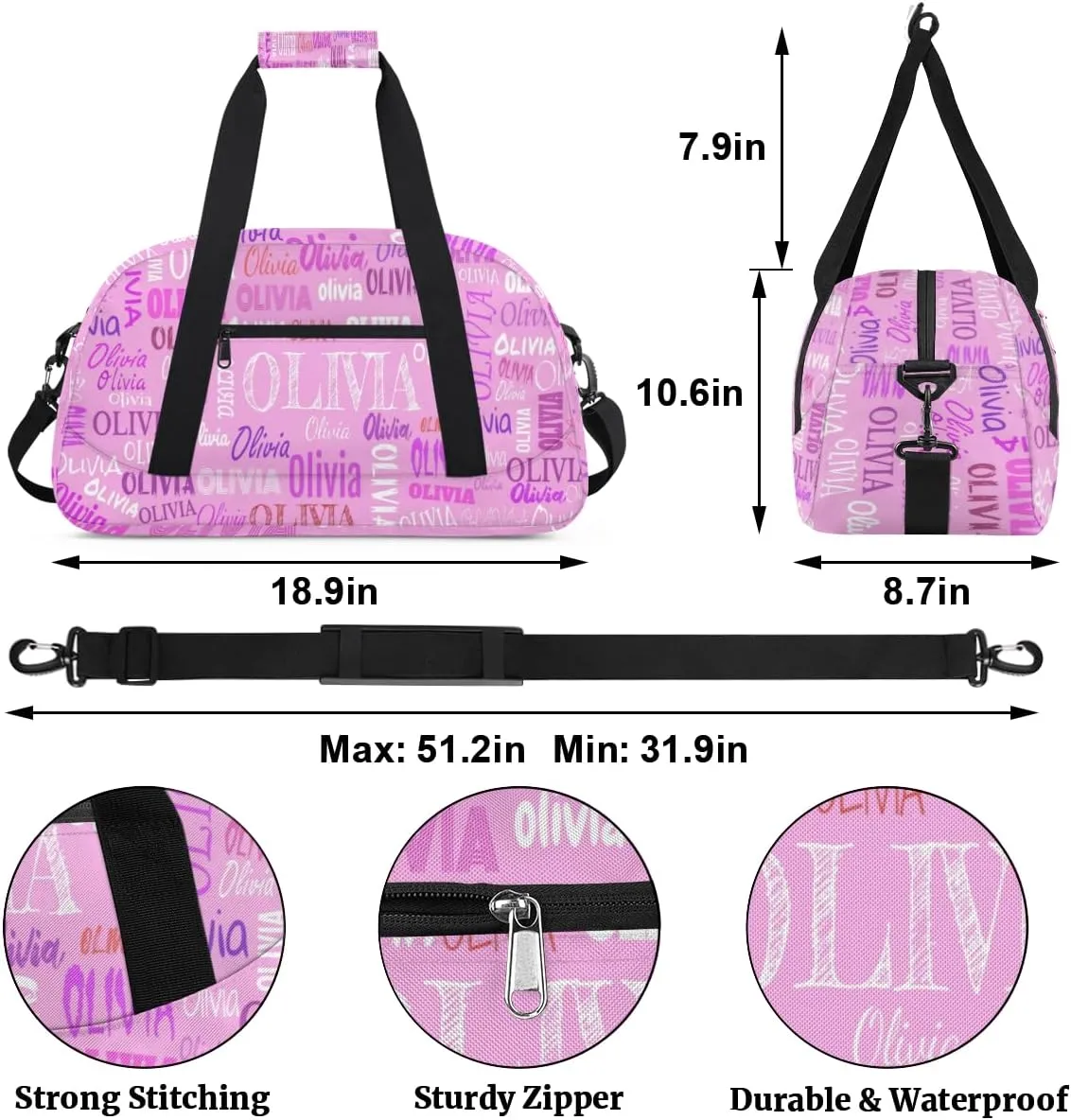 Custom Dance Ballet Duffle for Girls Pink, Personalized With Name - Overnight, Toddler, Gym Bag for Travel, Weekend, Sleepover
