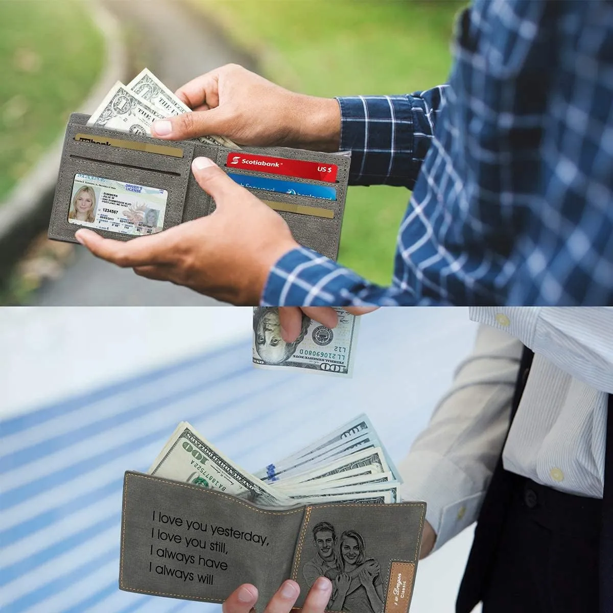 Custom Engraved Wallets Personalized Photo Leather Wallet Men,Husband,Dad,Son,Personalized Gifts (Gray)