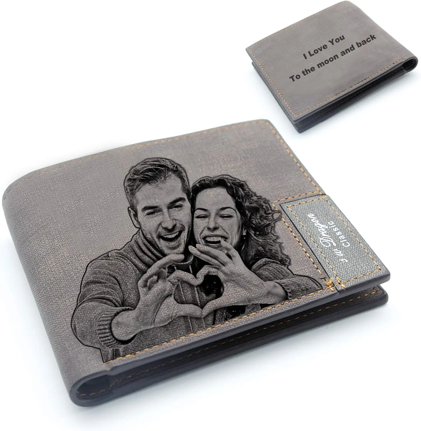 Custom Engraved Wallets Personalized Photo Leather Wallet Men,Husband,Dad,Son,Personalized Gifts (Gray)