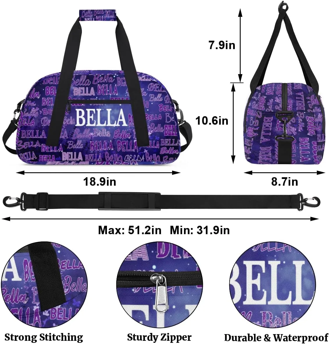 Custom Gym Bag Boys Girls, Personalized Name Gymnastics Sport Cheerleader Bag Barrel Ballet Dance Duffel Bag Women, Watercolor Dark Purple Galaxy