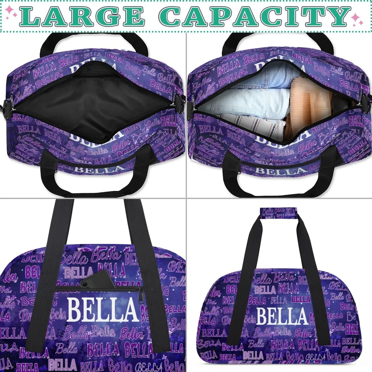 Custom Gym Bag Boys Girls, Personalized Name Gymnastics Sport Cheerleader Bag Barrel Ballet Dance Duffel Bag Women, Watercolor Dark Purple Galaxy