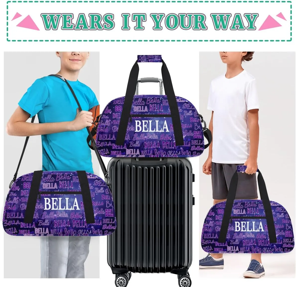 Custom Gym Bag Boys Girls, Personalized Name Gymnastics Sport Cheerleader Bag Barrel Ballet Dance Duffel Bag Women, Watercolor Dark Purple Galaxy