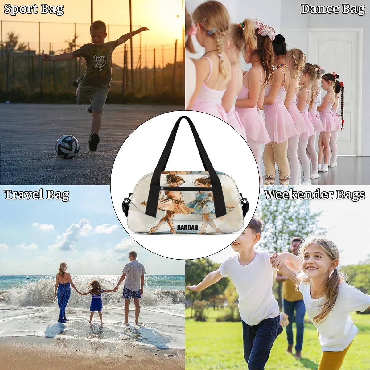 Custom Gym Bag for Girls, Personalized Name Gymnastics Sport Cheerleader Bag Barrel Ballet Dance Duffel Bag for Women, Hand Drawn Two Dancing Girls