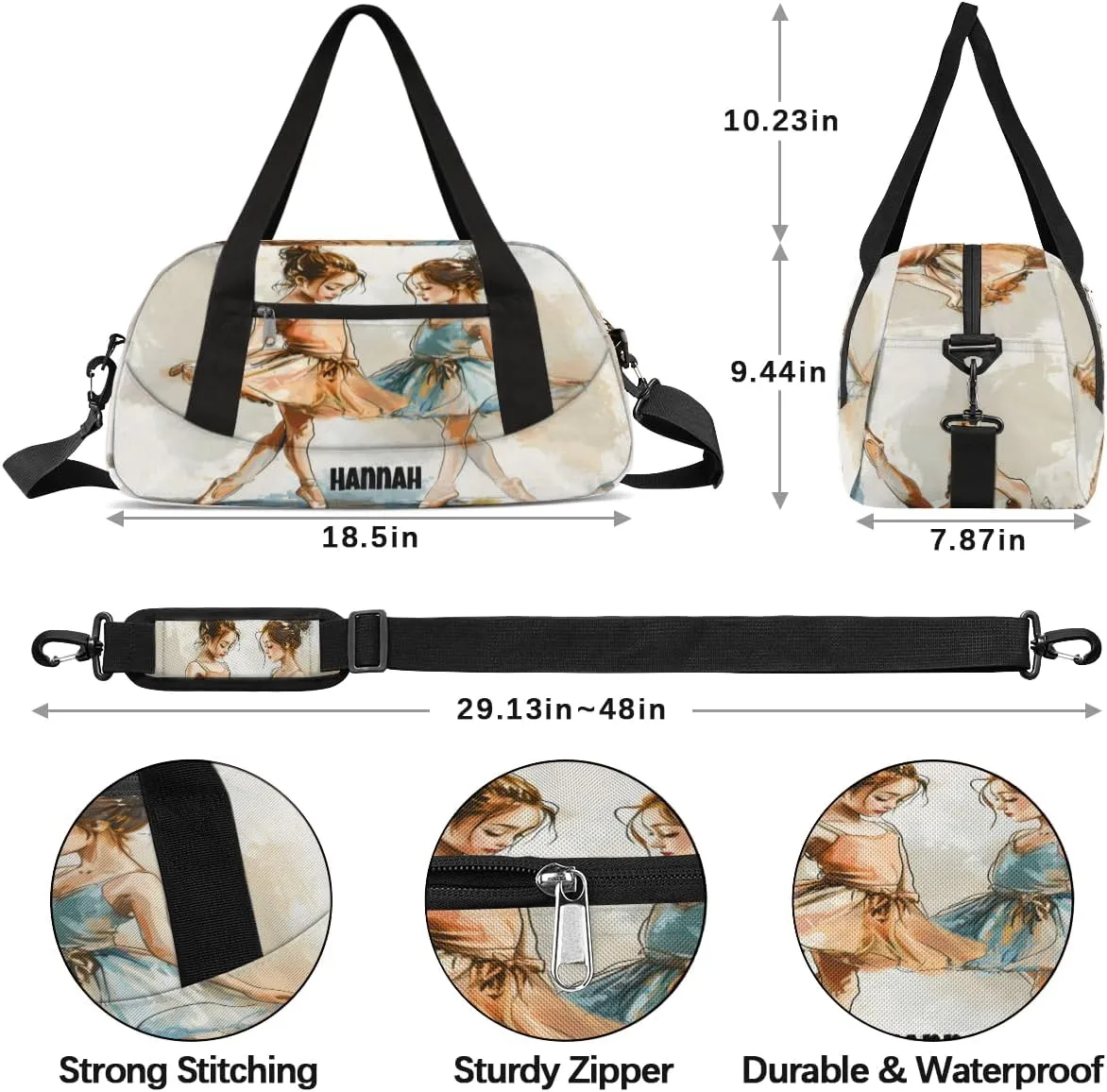Custom Gym Bag for Girls, Personalized Name Gymnastics Sport Cheerleader Bag Barrel Ballet Dance Duffel Bag for Women, Hand Drawn Two Dancing Girls