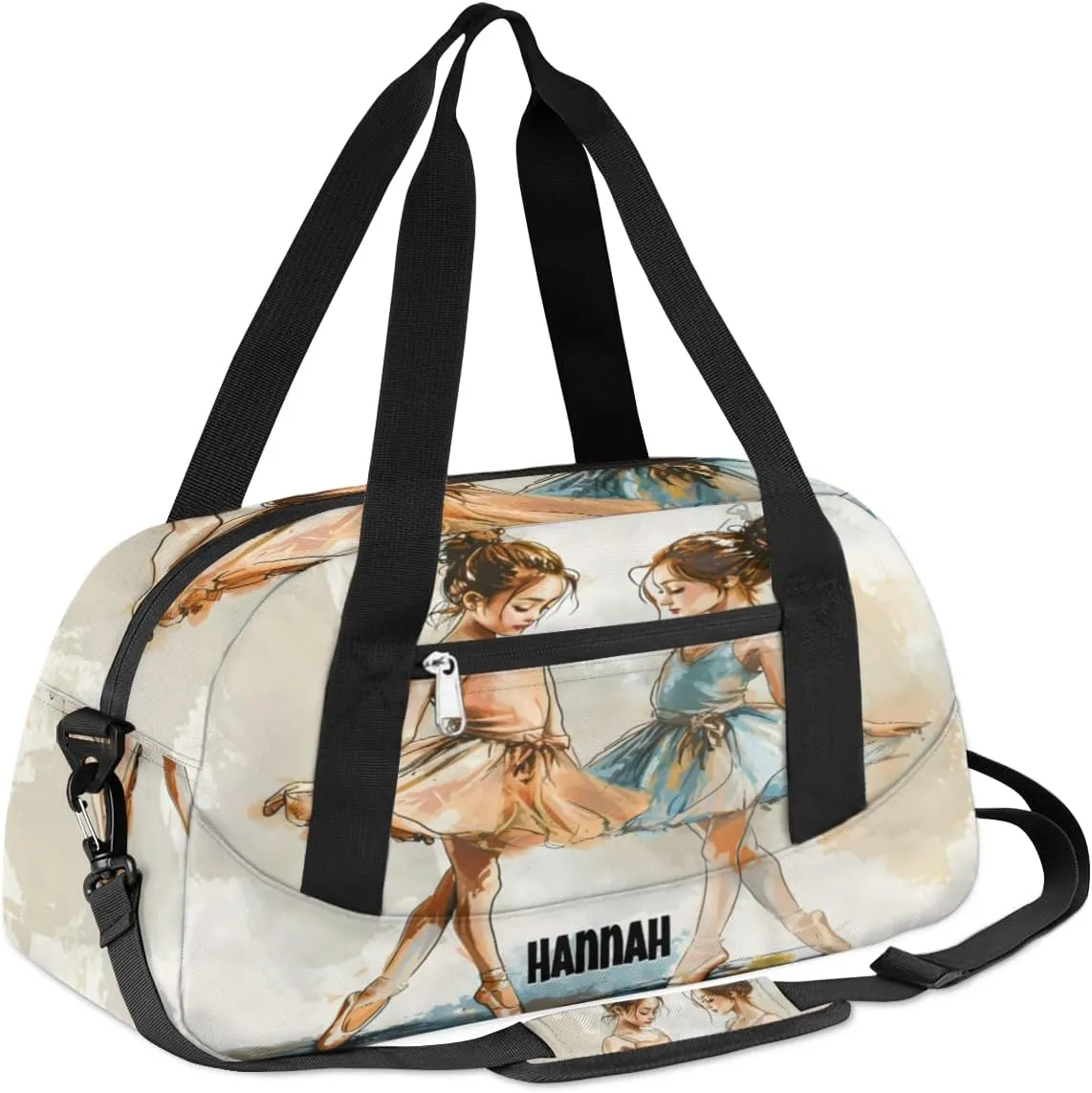 Custom Gym Bag for Girls, Personalized Name Gymnastics Sport Cheerleader Bag Barrel Ballet Dance Duffel Bag for Women, Hand Drawn Two Dancing Girls