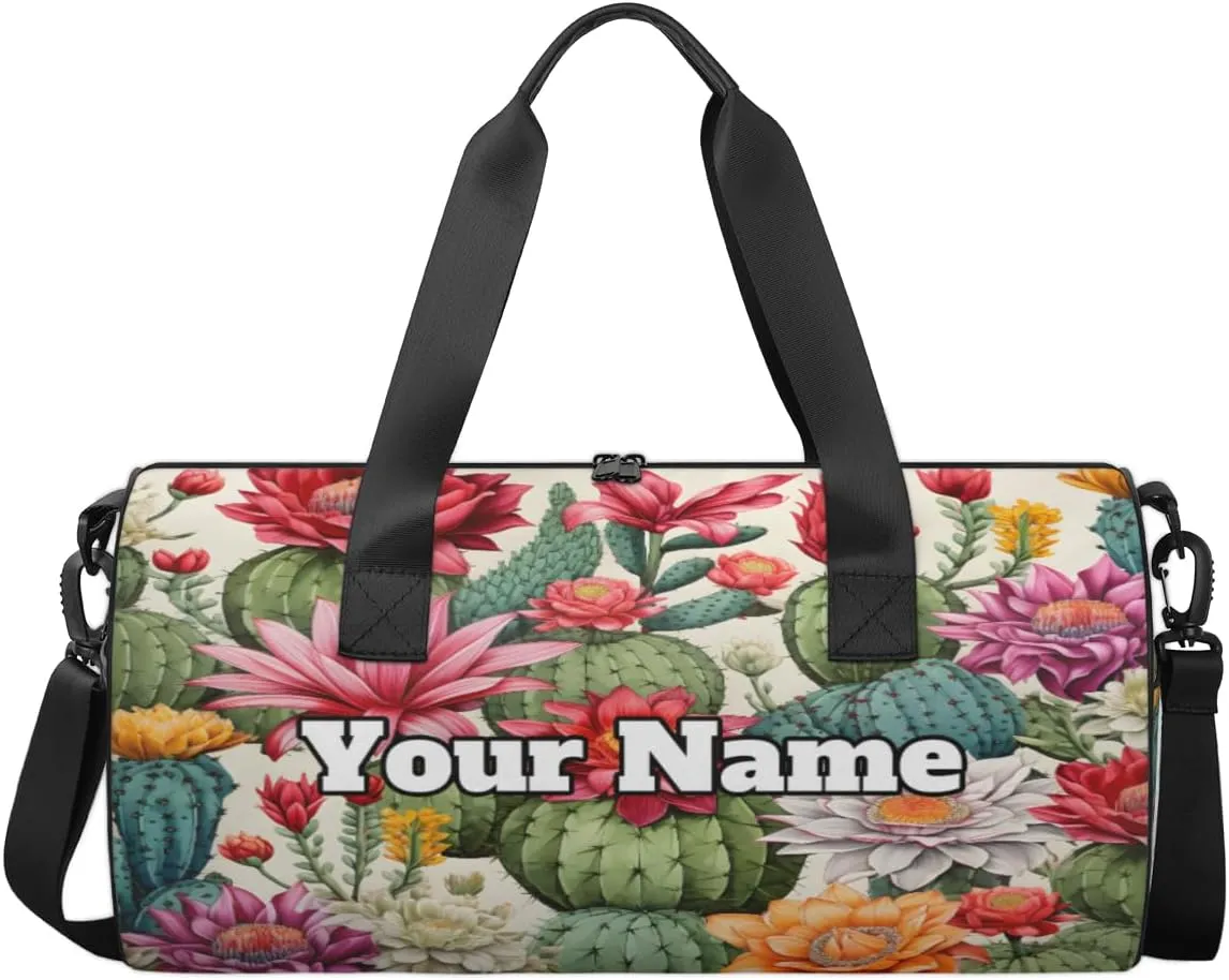 Custom Gym Bag for Women Men with Name, Personalized Cactus Flower Duffel Bag for Sports, Waterproof Dance Bag, Lightweight Carryon Gym Bag, Cactus