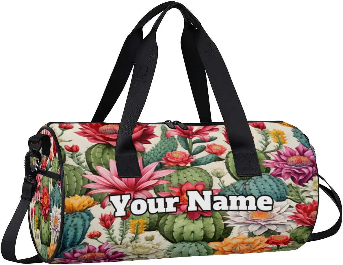 Custom Gym Bag for Women Men with Name, Personalized Cactus Flower Duffel Bag for Sports, Waterproof Dance Bag, Lightweight Carryon Gym Bag, Cactus
