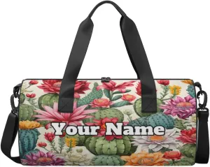 Custom Gym Bag for Women Men with Name, Personalized Cactus Flower Duffel Bag for Sports, Waterproof Dance Bag, Lightweight Carryon Gym Bag, Cactus