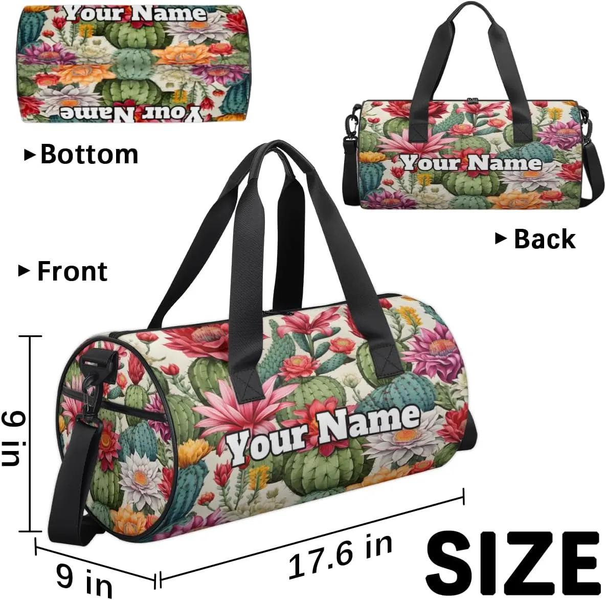 Custom Gym Bag for Women Men with Name, Personalized Cactus Flower Duffel Bag for Sports, Waterproof Dance Bag, Lightweight Carryon Gym Bag, Cactus