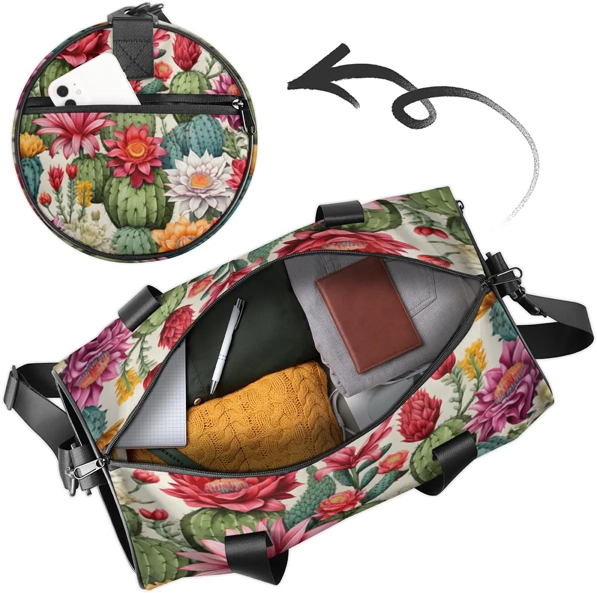 Custom Gym Bag for Women Men with Name, Personalized Cactus Flower Duffel Bag for Sports, Waterproof Dance Bag, Lightweight Carryon Gym Bag, Cactus