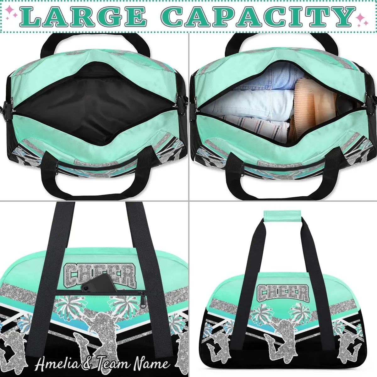 Custom Gym Bag for Women Personalized Cheer Team Sports Duffel Bag Lightweight Cheerleaders Weekender Overnight Travel Duffel Bag Light Cyan Blue